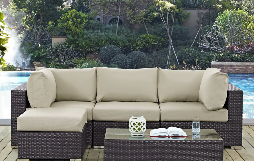 Sienna 5 Piece Outdoor Patio Sectional Set in Espresso Beige