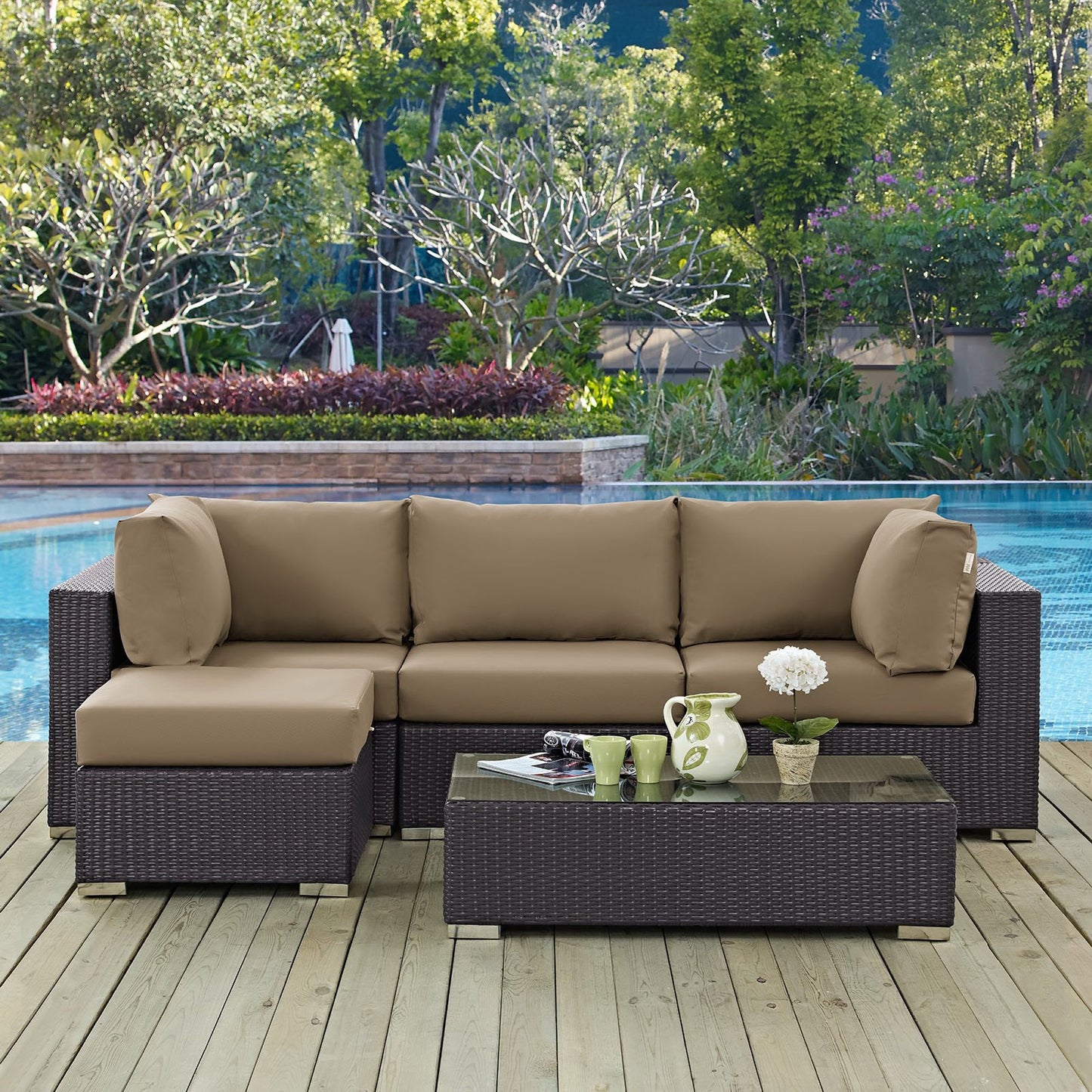 Sienna 5 Piece Outdoor Patio Sectional Set in Espresso Mocha