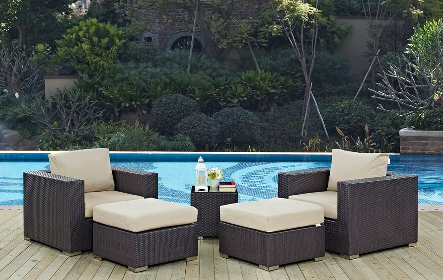 Sienna 5 Piece Outdoor Patio Sectional Set in Espresso Beige