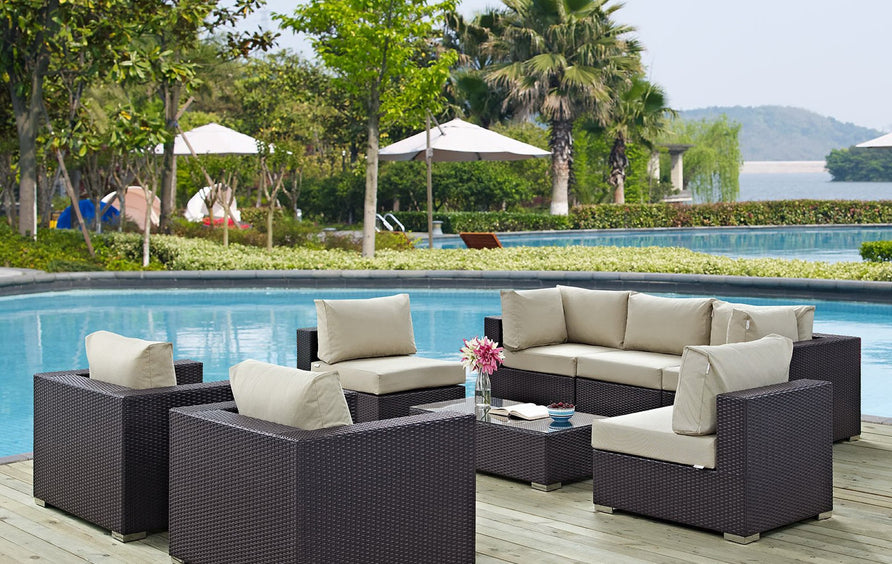 Sienna 8 Piece Outdoor Patio Sectional Set in Espresso Beige