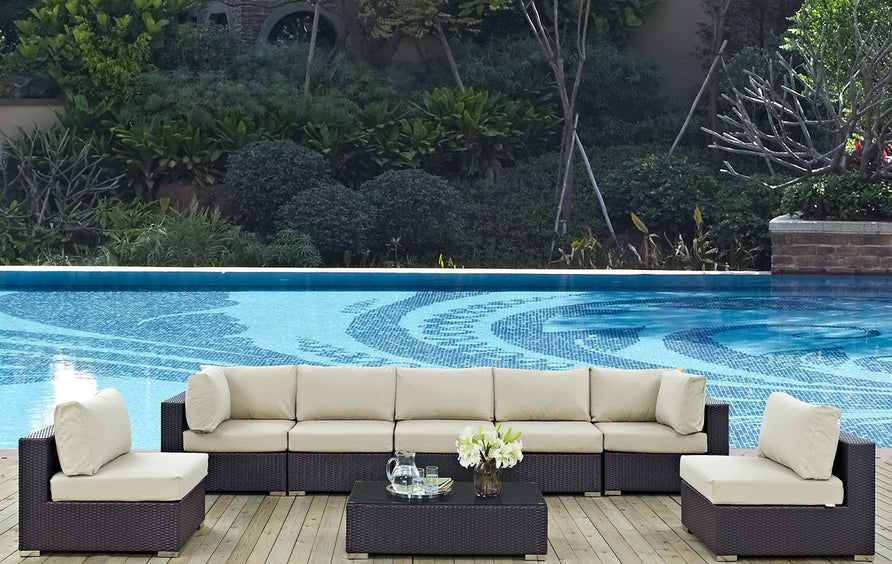 Sienna 8 Piece Outdoor Patio Sectional Set in Espresso Beige