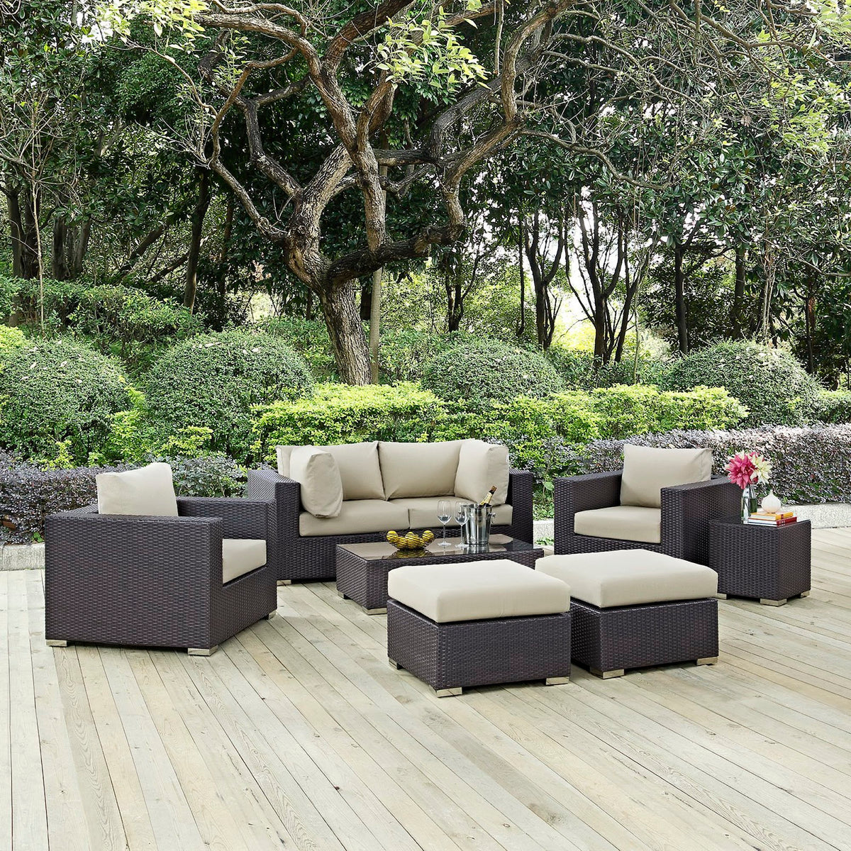 Convene 8 Piece Outdoor Patio Sectional Set in Espresso Beige