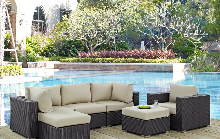 Sienna 6 Piece Outdoor Patio Sectional Set in Espresso Beige