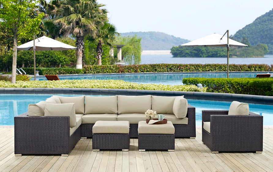 Sienna 9 Piece Outdoor Patio Sectional Set in Espresso Beige