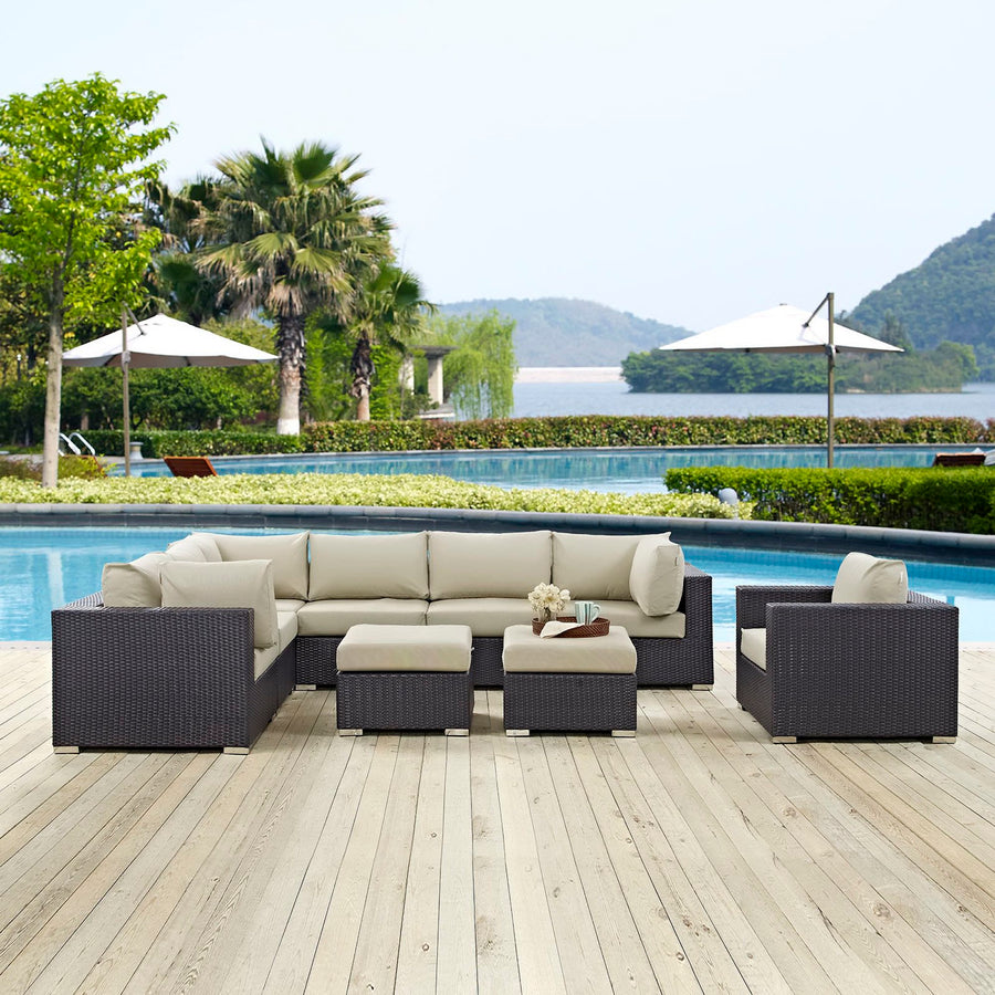 Sienna 9 Piece Outdoor Patio Sectional Set in Espresso Beige