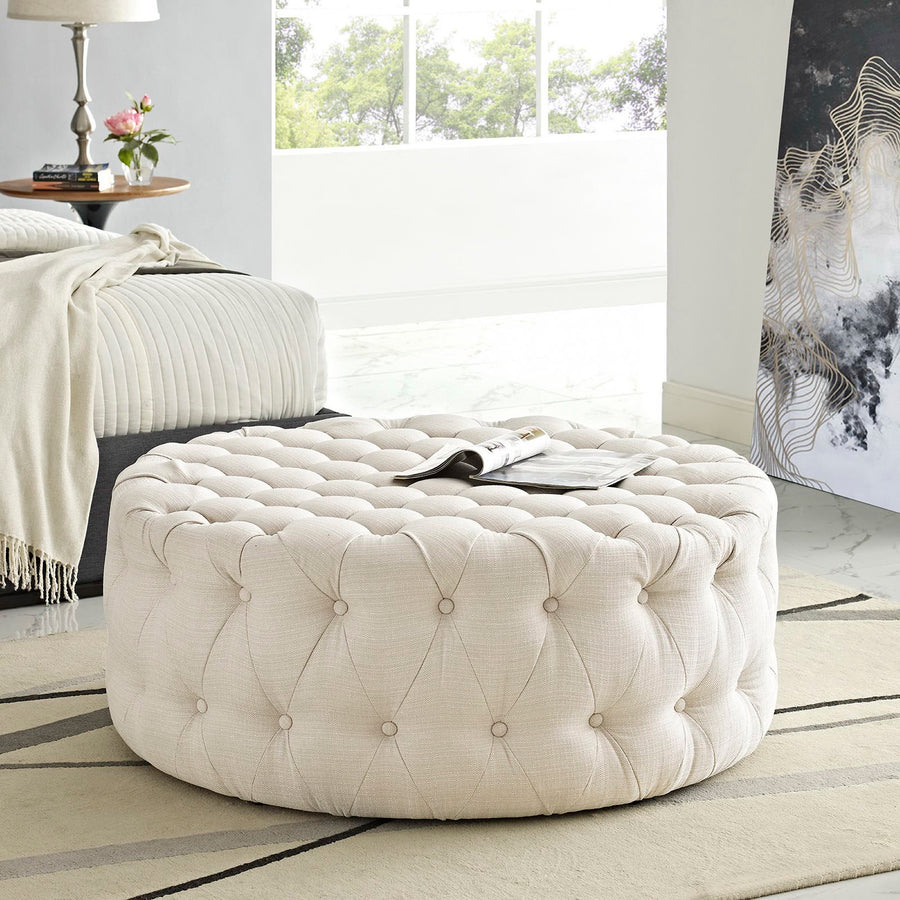 Alder Upholstered Fabric Ottoman in Beige