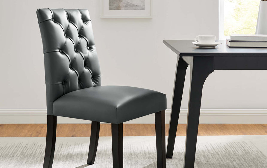 Column Button Tufted Vegan Leather Dining Chair in Gray
