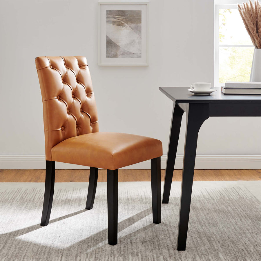 Column Button Tufted Vegan Leather Dining Chair in Tan