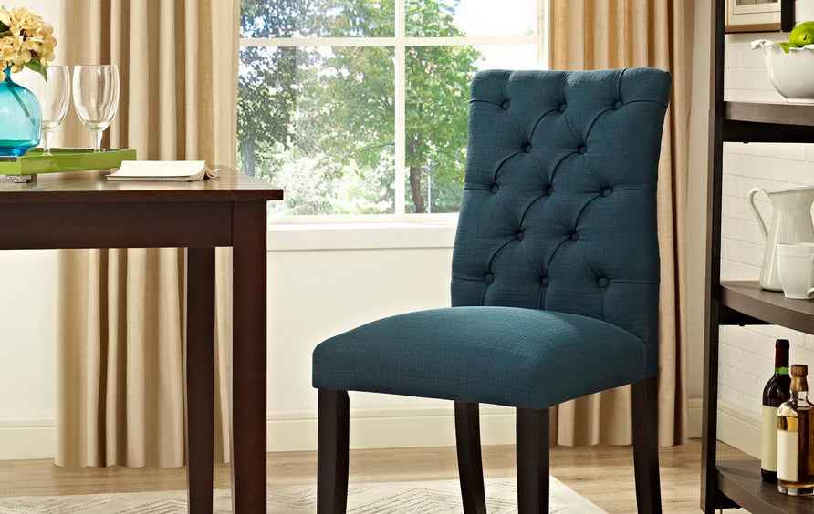 Column Button Tufted Fabric Dining Chair in Azure