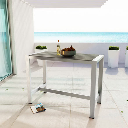 Shore Outdoor Patio Aluminum Rectangle Bar Table in Silver Gray