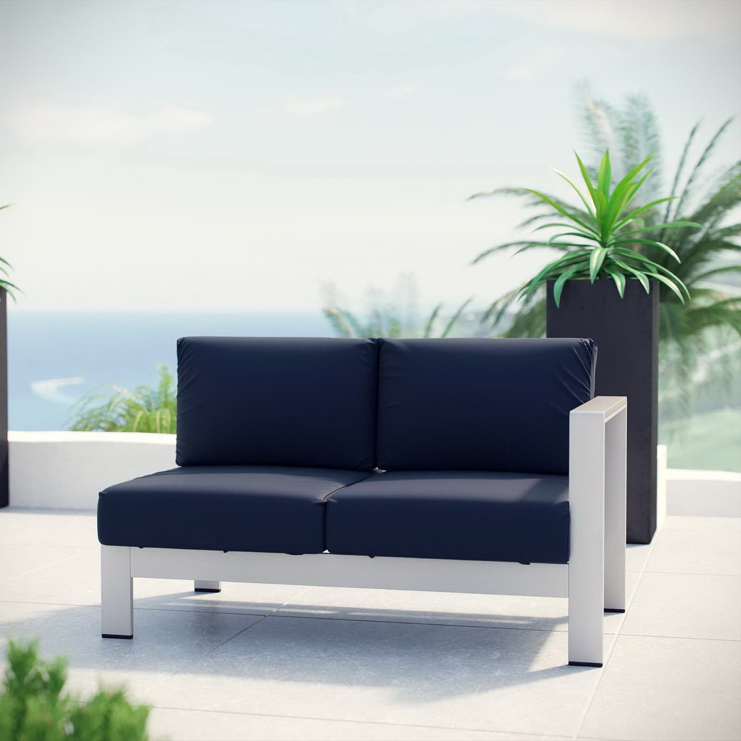 Marlow Right-Arm Corner Sectional Outdoor Patio Aluminum Loveseat in Silver Navy
