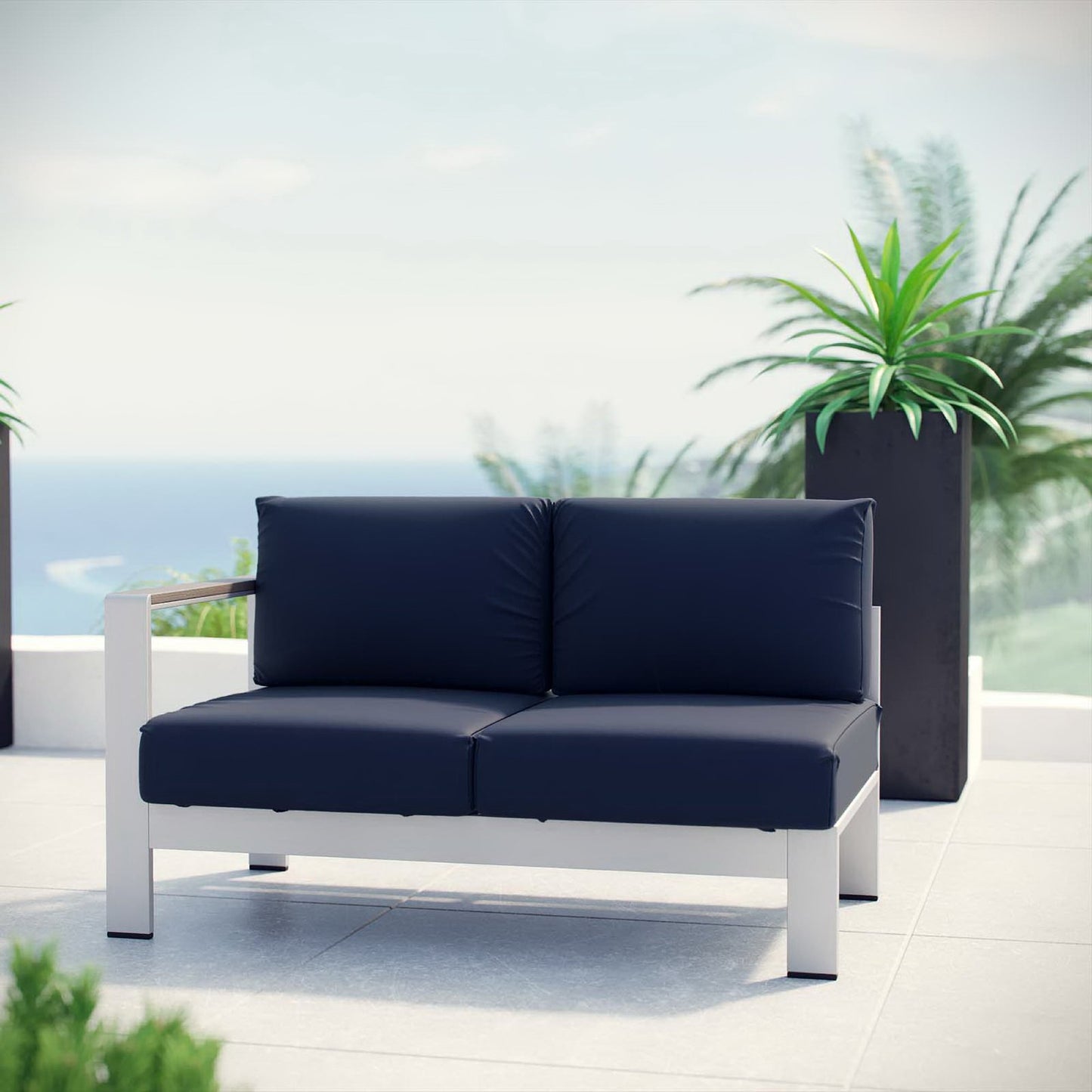 Marlow Left-Arm Corner Sectional Outdoor Patio Aluminum Loveseat in Silver Navy
