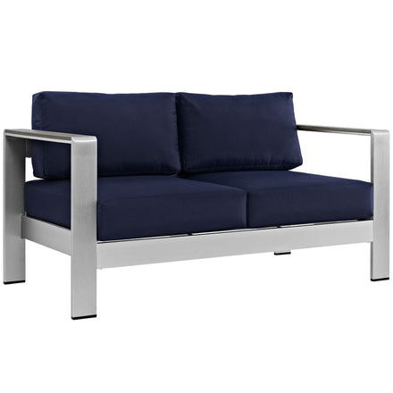 Shore Outdoor Patio Aluminum Loveseat in Silver Navy