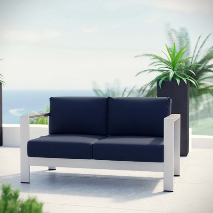 Shore Outdoor Patio Aluminum Loveseat in Silver Navy