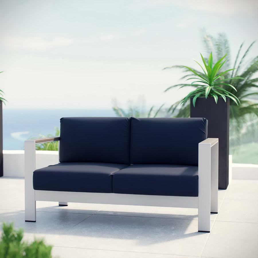 Marlow Outdoor Patio Aluminum Loveseat in Silver Navy