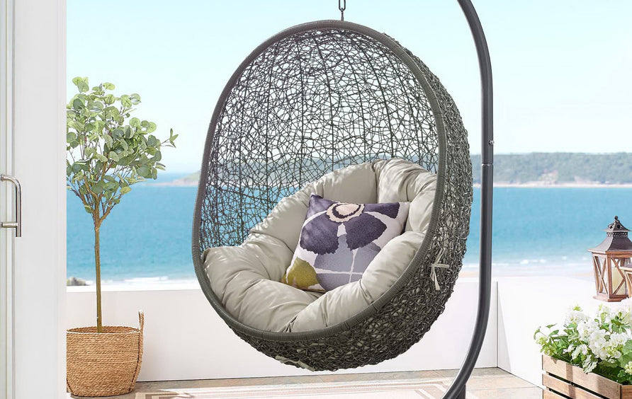 Cornice Outdoor Patio Swing Chair With Stand in Gray Beige