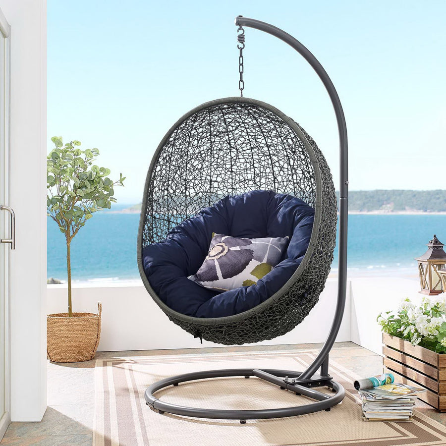 Cornice Outdoor Patio Swing Chair With Stand in Gray Navy