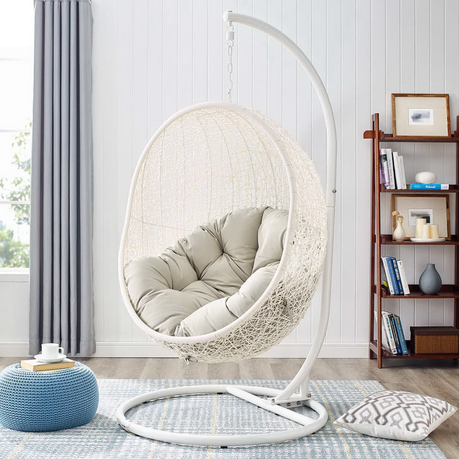 Cornice Outdoor Patio Swing Chair With Stand in White Beige