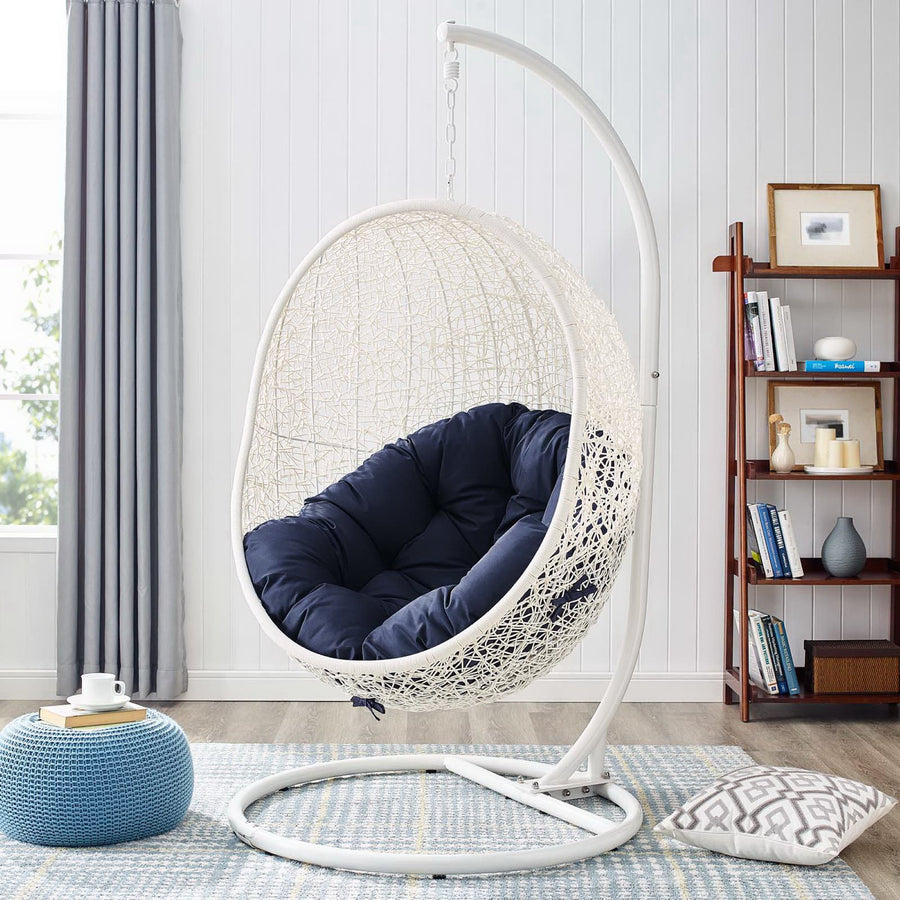 Cornice Outdoor Patio Swing Chair With Stand in White Navy