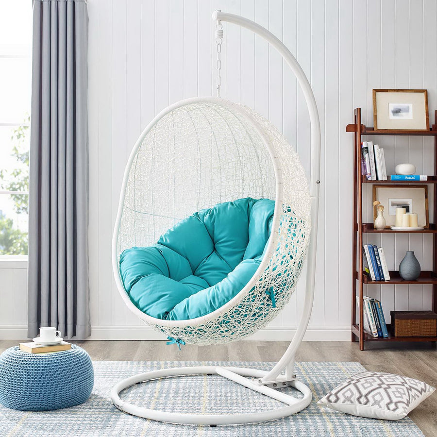 Cornice Outdoor Patio Swing Chair With Stand in White Turquoise
