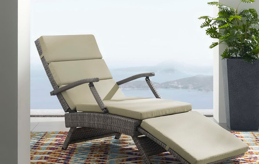 Tamsin Chaise Outdoor Patio Wicker Rattan Lounge Chair in Light Gray Beige