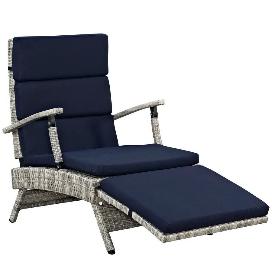 Tamsin Chaise Outdoor Patio Wicker Rattan Lounge Chair in Light Gray Navy
