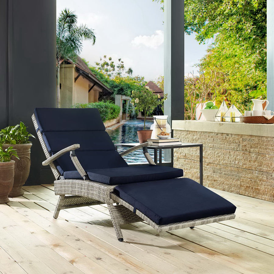 Tamsin Chaise Outdoor Patio Wicker Rattan Lounge Chair in Light Gray Navy