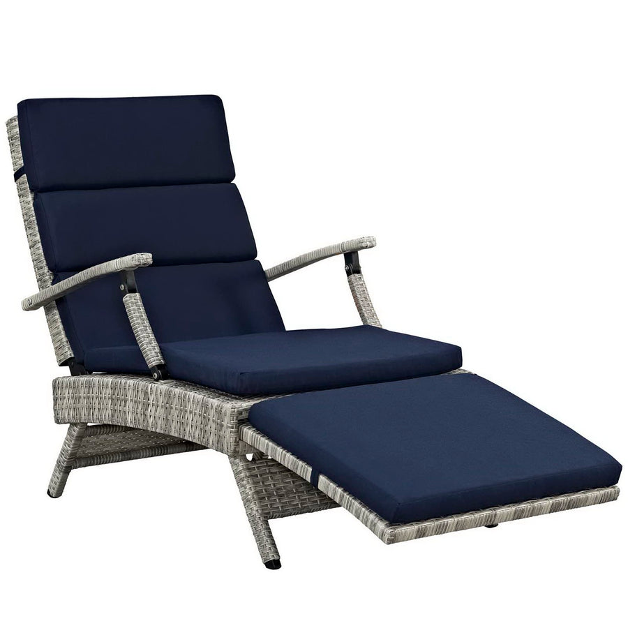 Tamsin Chaise Outdoor Patio Wicker Rattan Lounge Chair in Light Gray Navy