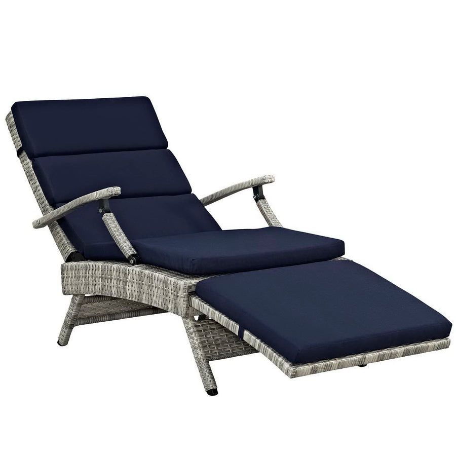 Tamsin Chaise Outdoor Patio Wicker Rattan Lounge Chair in Light Gray Navy