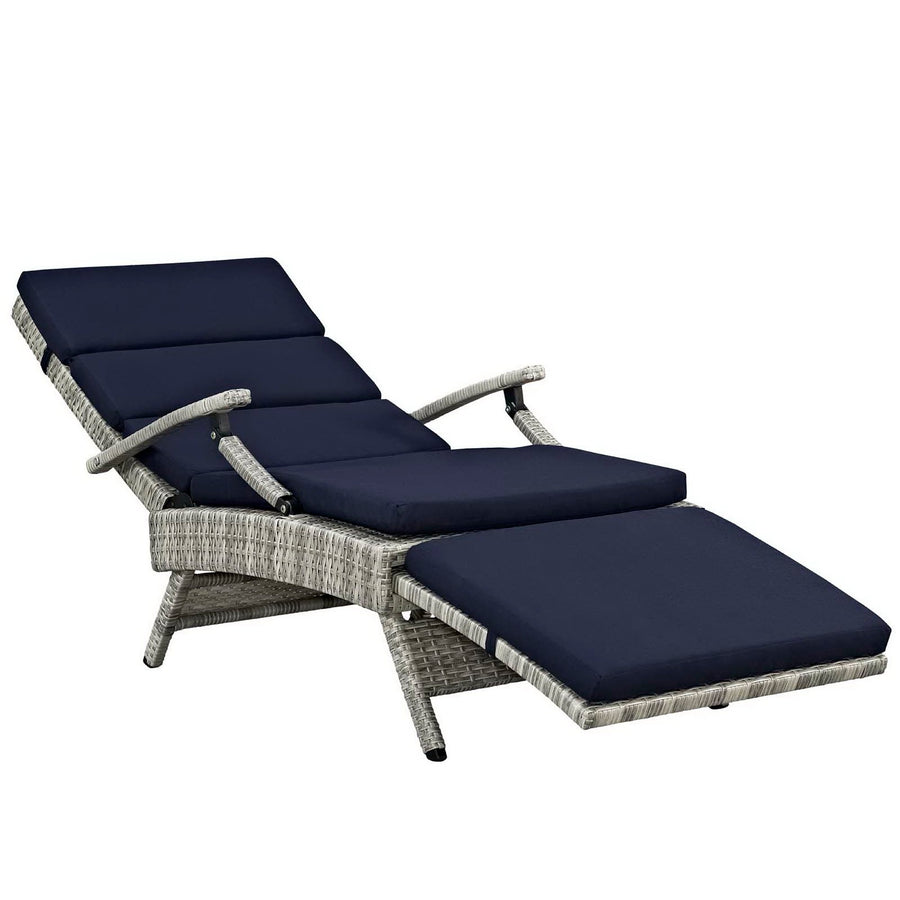 Tamsin Chaise Outdoor Patio Wicker Rattan Lounge Chair in Light Gray Navy