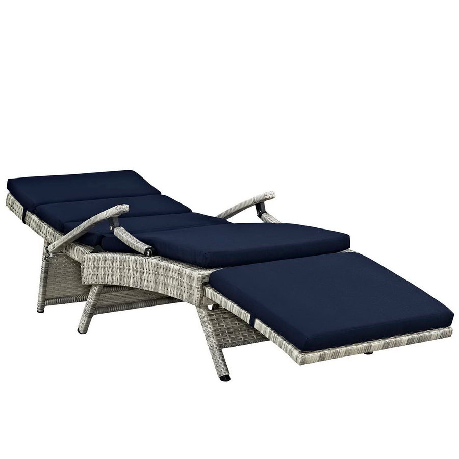Tamsin Chaise Outdoor Patio Wicker Rattan Lounge Chair in Light Gray Navy