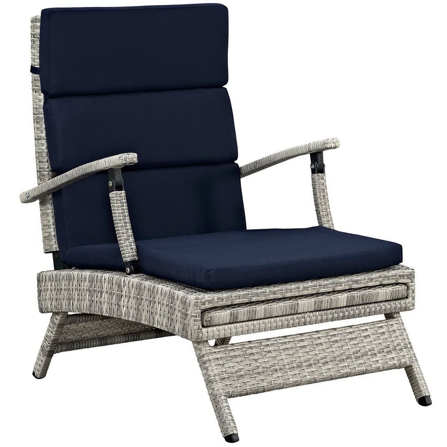 Tamsin Chaise Outdoor Patio Wicker Rattan Lounge Chair in Light Gray Navy