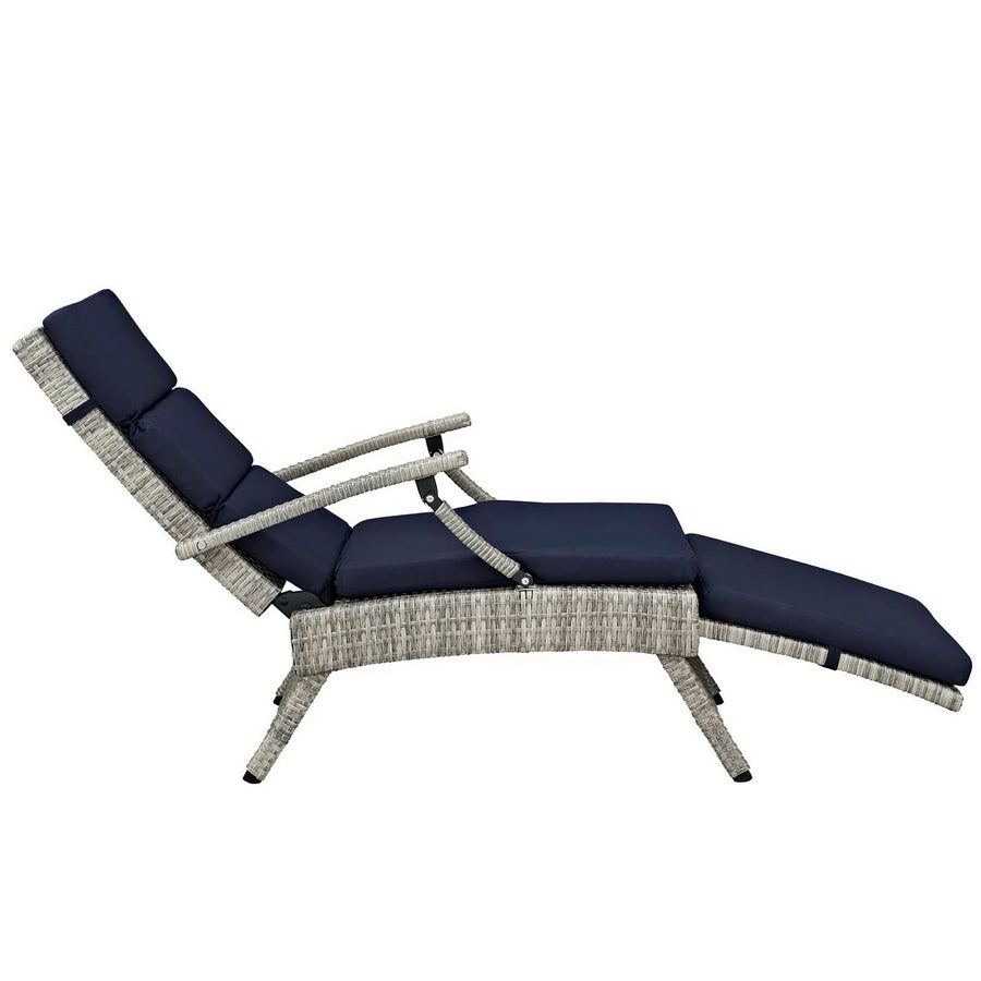Tamsin Chaise Outdoor Patio Wicker Rattan Lounge Chair in Light Gray Navy