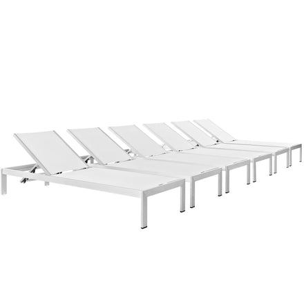 Shore Outdoor Patio Aluminum Chaise Set of 6 in Silver White