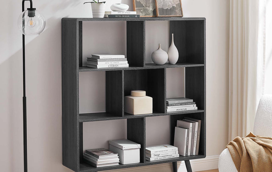 Emery 7 Shelf Wood Grain Bookcase in Charcoal