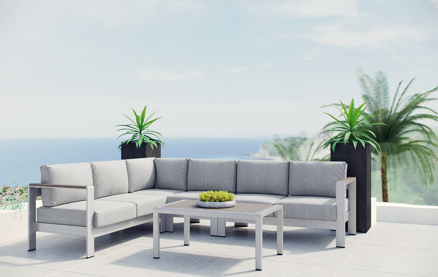 Marlow 5 Piece Outdoor Patio Aluminum Sectional Sofa Set in Silver Gray