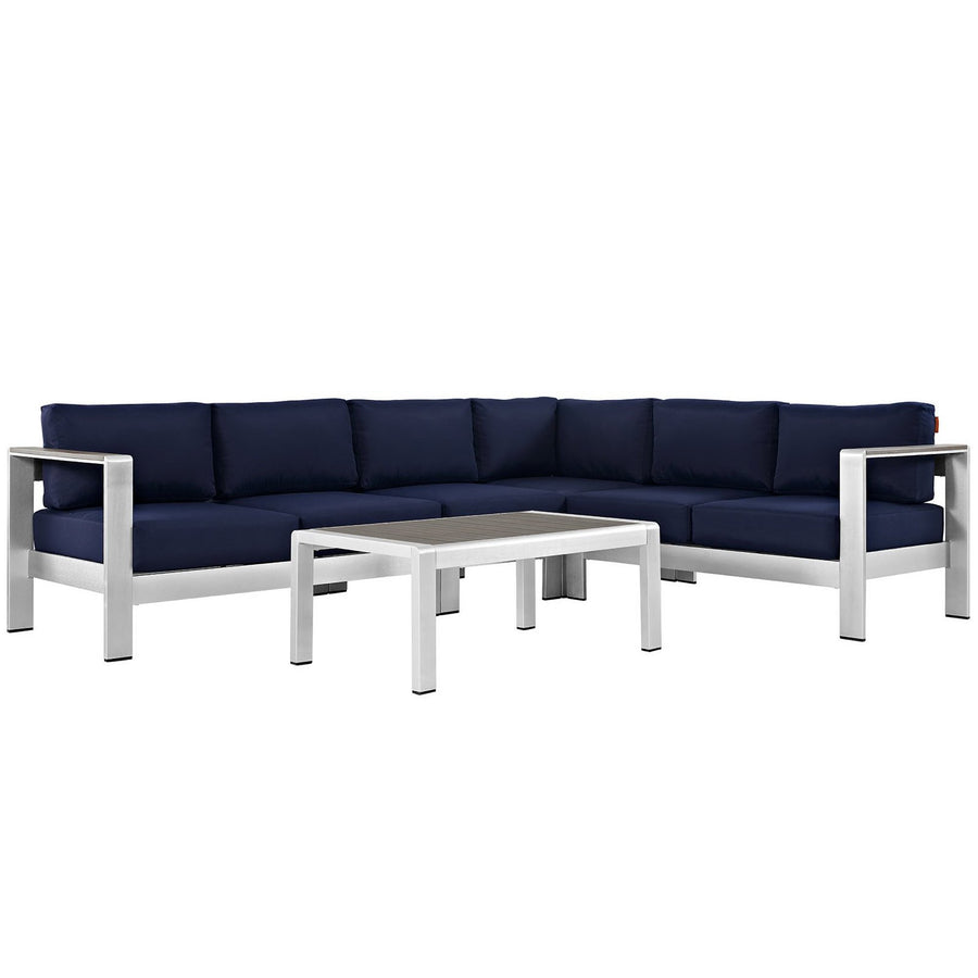 Marlow 5 Piece Outdoor Patio Aluminum Sectional Sofa Set in Silver Navy
