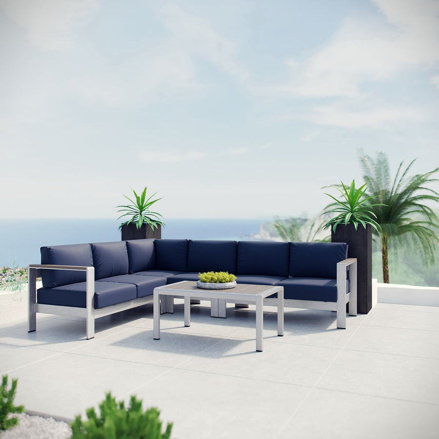 Marlow 5 Piece Outdoor Patio Aluminum Sectional Sofa Set in Silver Navy