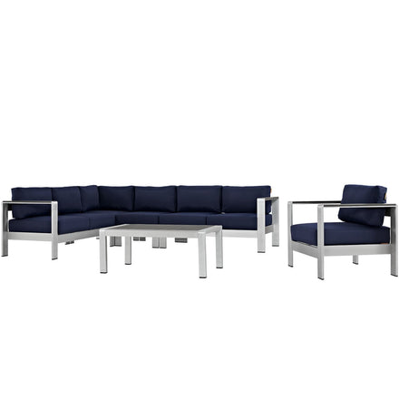 Shore 6 Piece Outdoor Patio Aluminum Sectional Sofa Set in Silver Navy