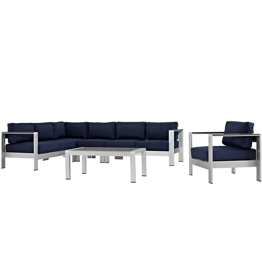 Marlow 6 Piece Outdoor Patio Aluminum Sectional Sofa Set in Silver Navy