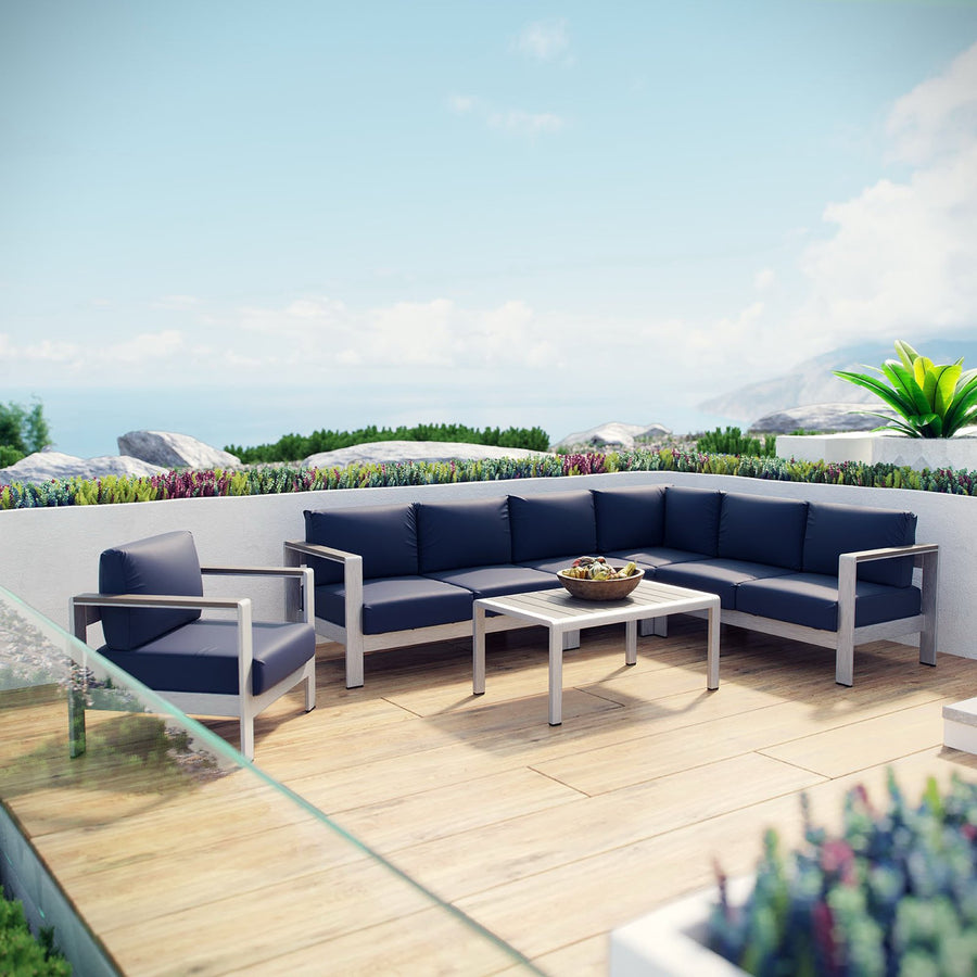 Marlow 6 Piece Outdoor Patio Aluminum Sectional Sofa Set in Silver Navy