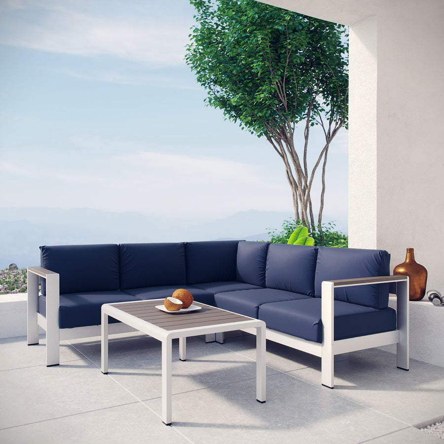 Marlow 4 Piece Outdoor Patio Aluminum Sectional Sofa Set in Silver Navy