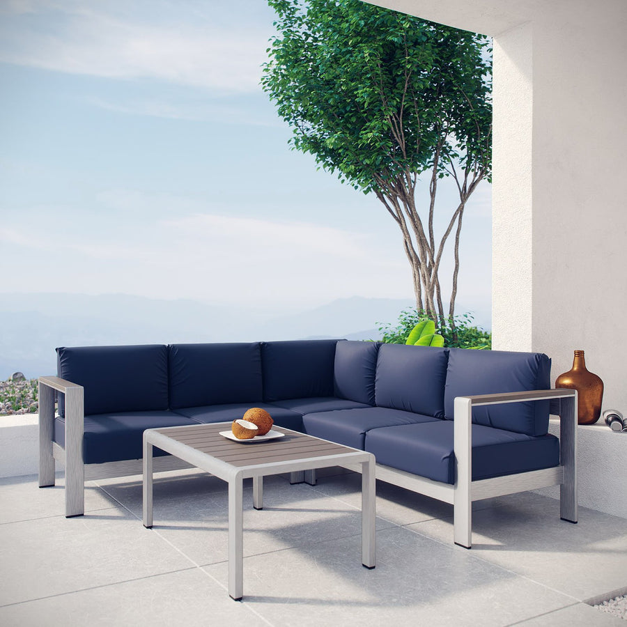 Marlow 4 Piece Outdoor Patio Aluminum Sectional Sofa Set in Silver Navy