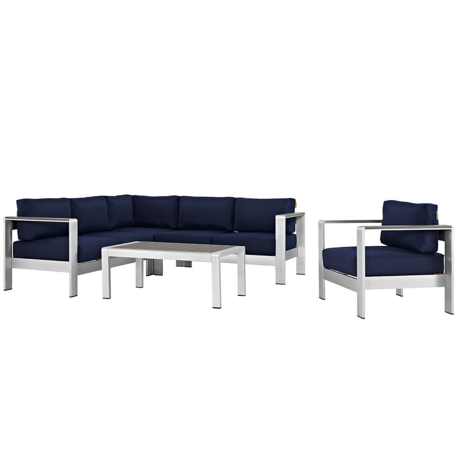 Marlow 5 Piece Outdoor Patio Aluminum Sectional Sofa Set in Silver Navy