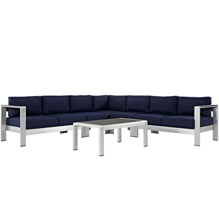 Shore 6 Piece Outdoor Patio Aluminum Sectional Sofa Set in Silver Navy