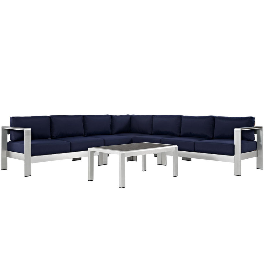 Marlow 6 Piece Outdoor Patio Aluminum Sectional Sofa Set in Silver Navy