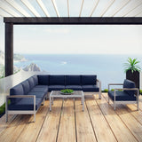 Marlow 7 Piece Outdoor Patio Aluminum Sectional Sofa Set in Silver Navy