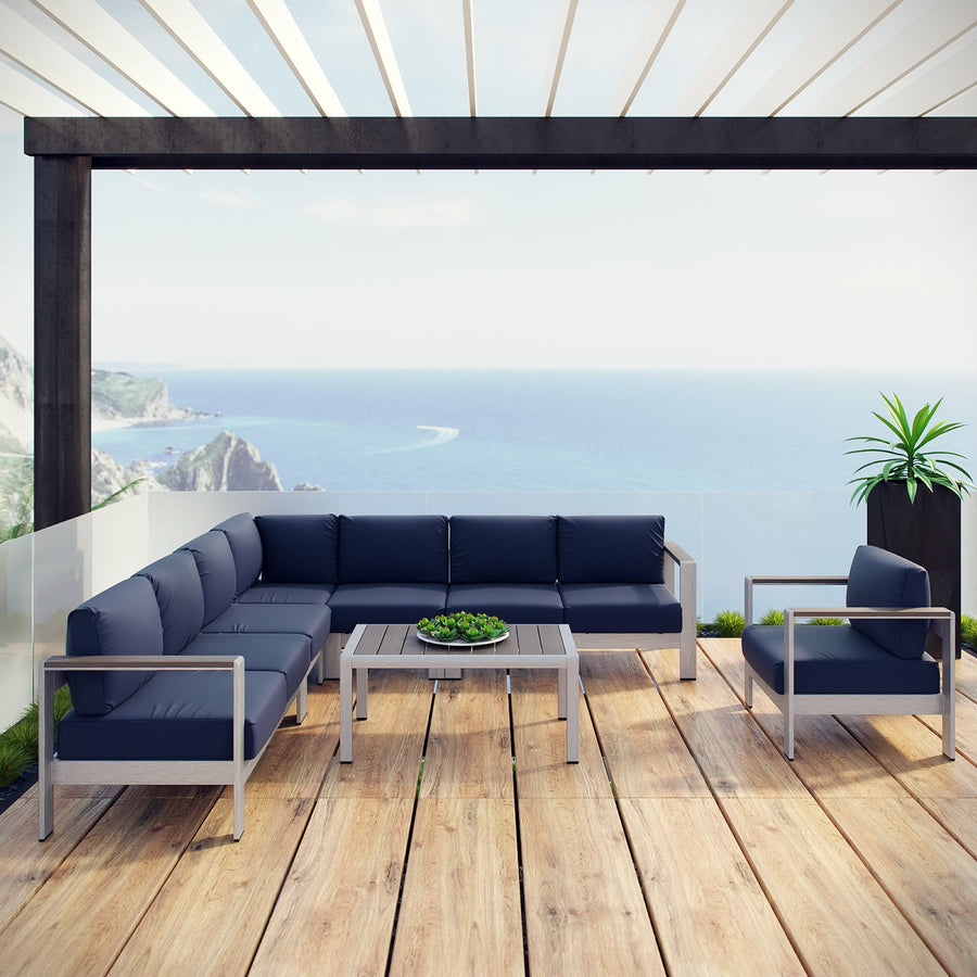 Marlow 7 Piece Outdoor Patio Aluminum Sectional Sofa Set in Silver Navy