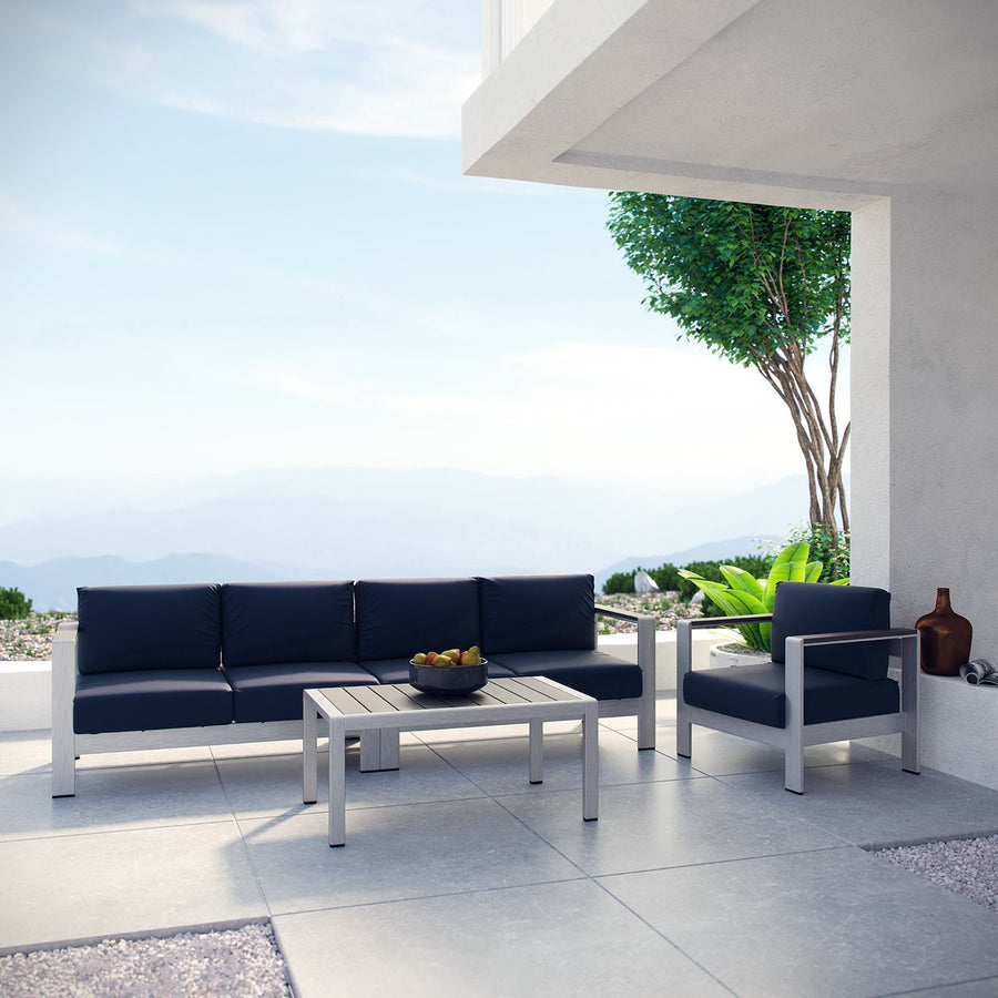 Marlow 4 Piece Outdoor Patio Aluminum Sectional Sofa Set in Silver Navy