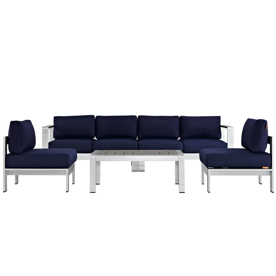 Marlow 5 Piece Outdoor Patio Aluminum Sectional Sofa Set in Silver Navy